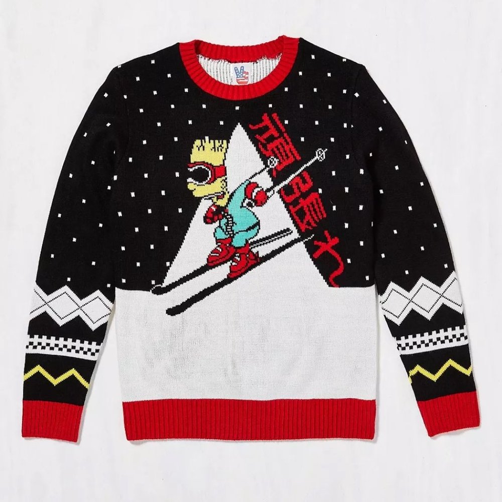 The Simpsons Bart Skiing Knit Christmas Sweater 2018 Junk Food Ugly Sz L